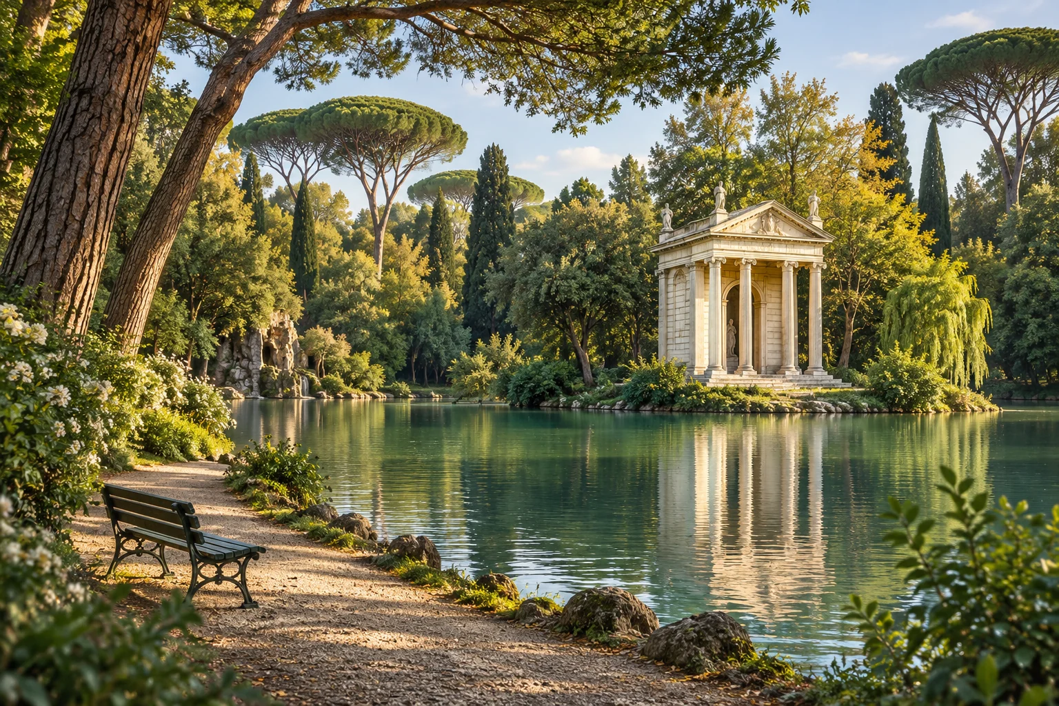 Illustration of a classical pavilion reflected in a tree-lined lake inspired by Villa Borghese.