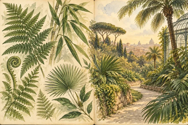 Editorial illustration of fern fronds, bamboo leaves, palms and a winding botanical-garden path.