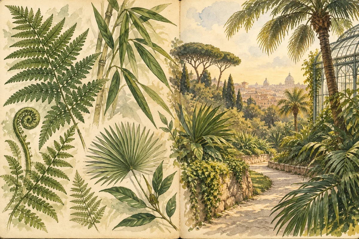Editorial illustration of fern fronds, bamboo leaves, palms and a winding botanical-garden path.