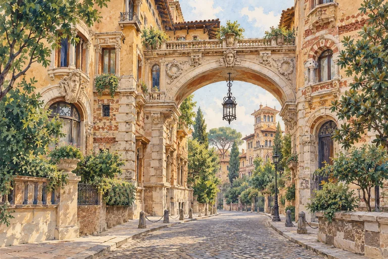 Painterly interpretation of an ornate residential gateway and hanging iron lantern in Rome’s Quartiere Coppedè