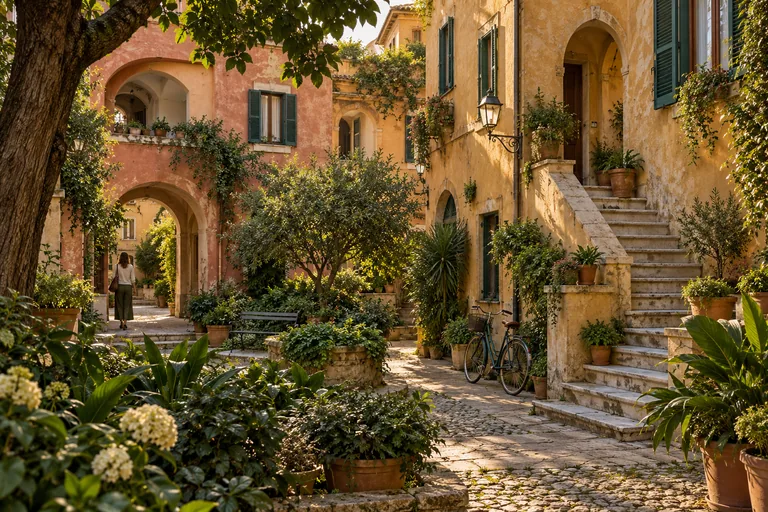 Illustration of a Garbatella-inspired garden courtyard with warm stucco homes, green shutters and stone stairs.
