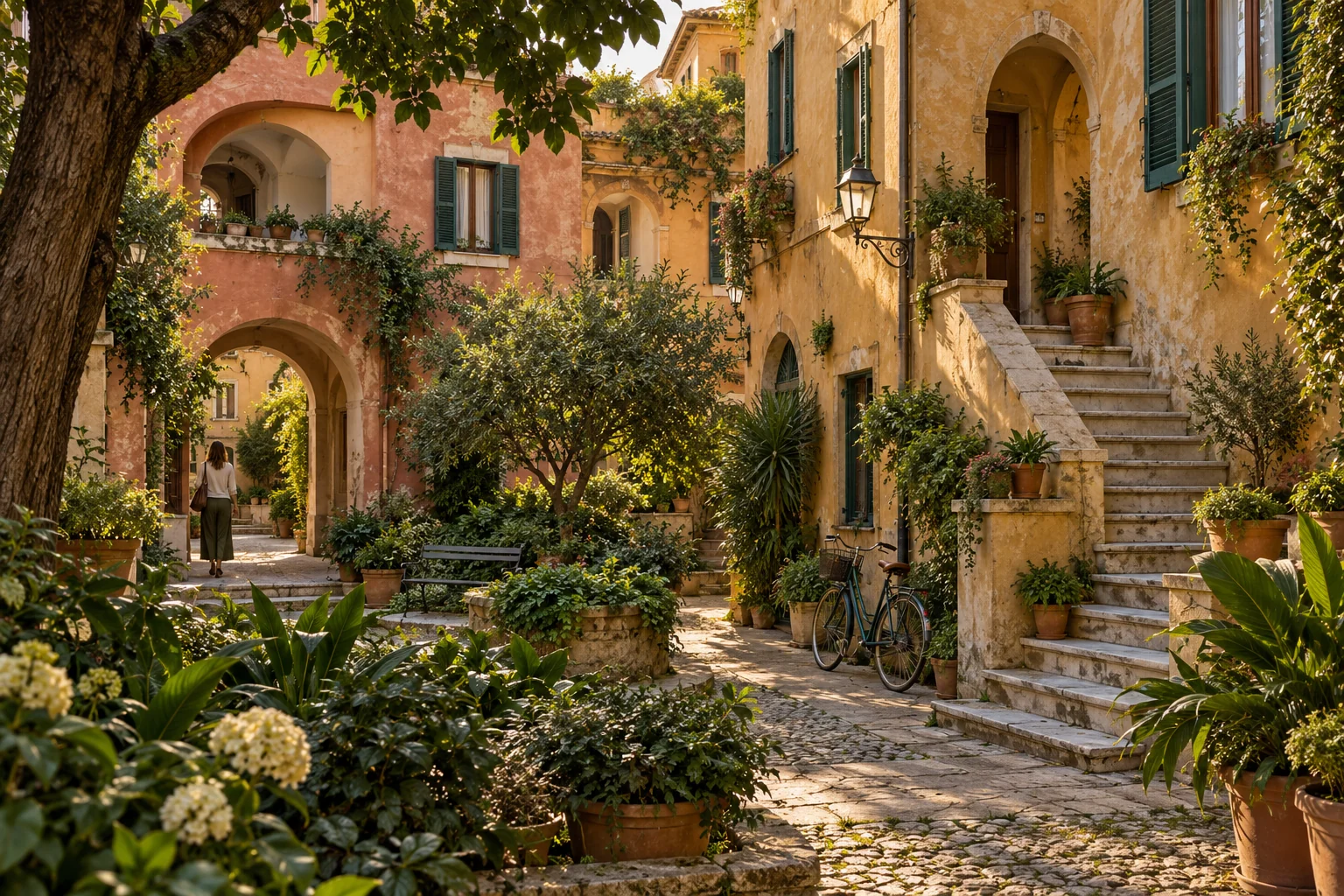 Illustration of a Garbatella-inspired garden courtyard with warm stucco homes, green shutters and stone stairs.