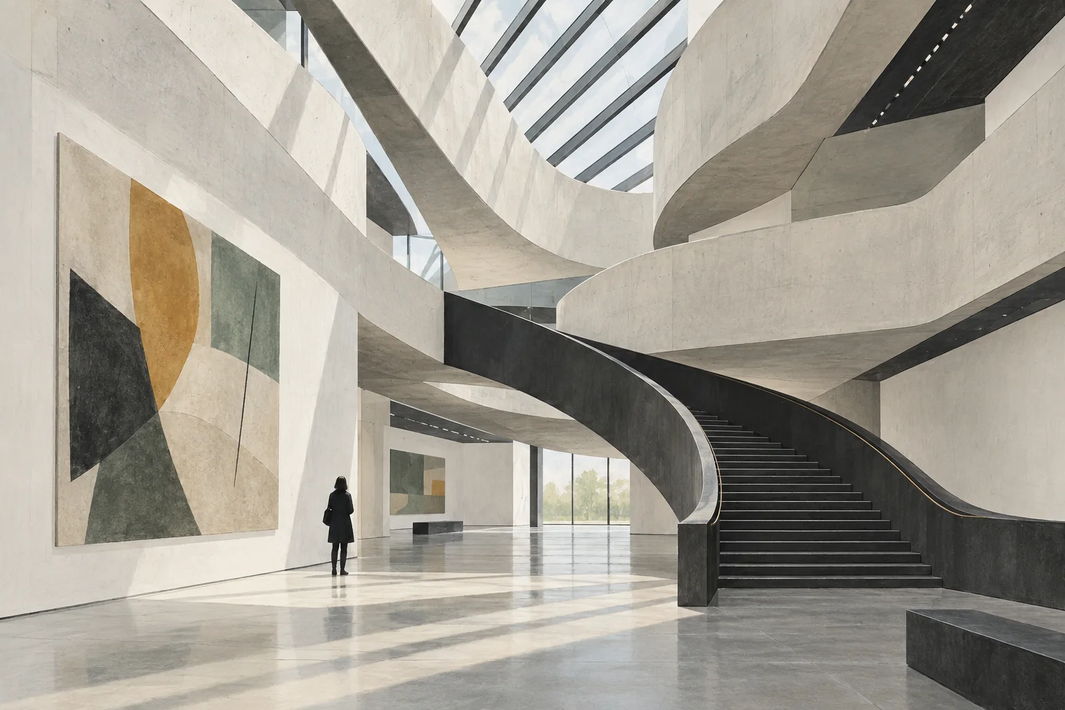 Interpretive architectural illustration of flowing concrete galleries and a dark staircase inspired by Rome’s MAXXI, with a small visitor figure.