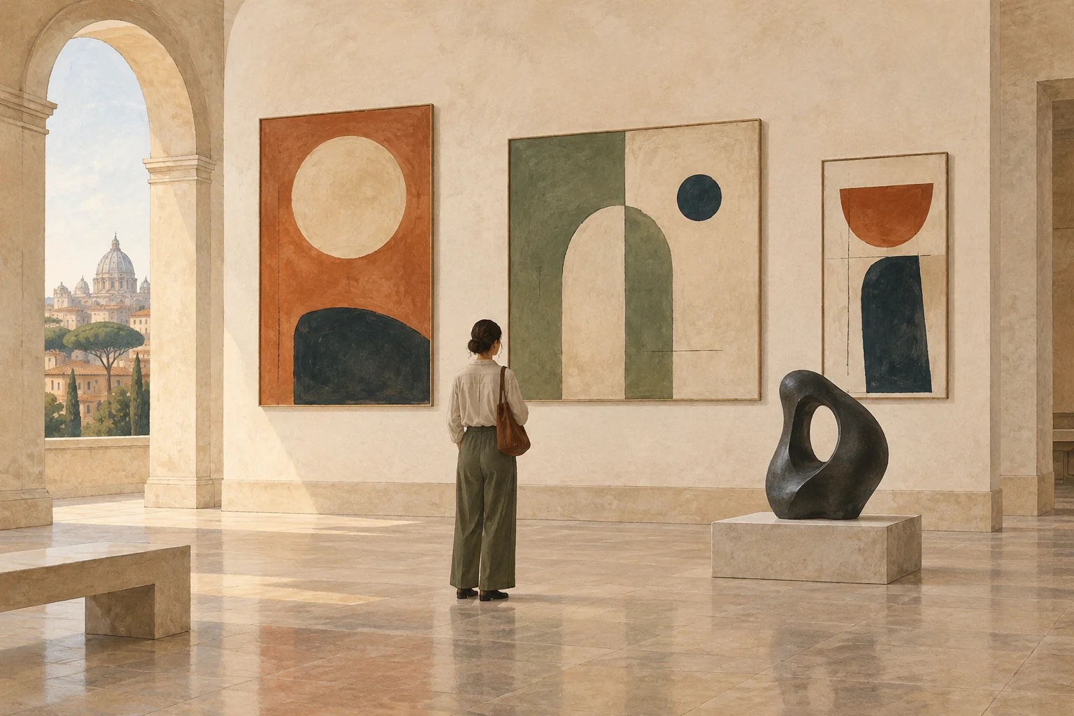 Editorial illustration of an imagined modern-art gallery with abstract paintings, a sculpture and a visitor.