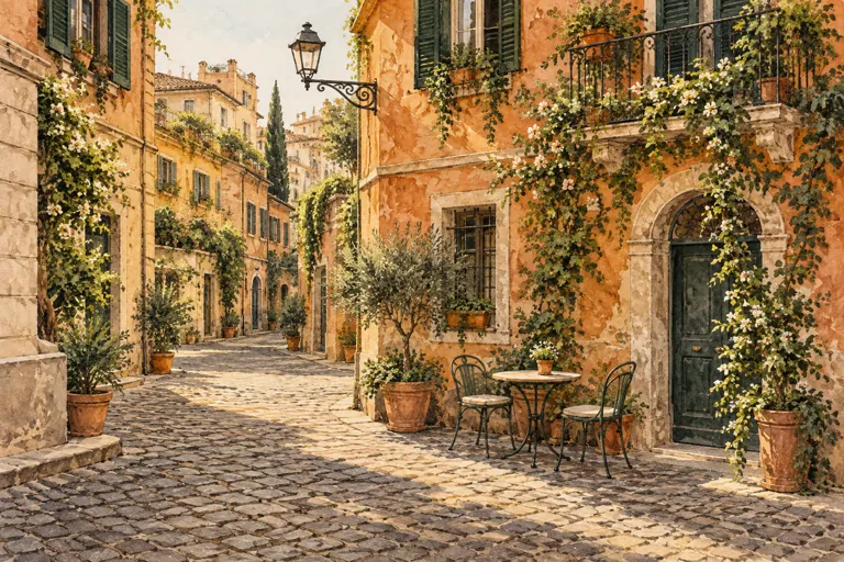 Illustration of an ochre Roman neighborhood street with green shutters, plants, café chairs and cobblestones.
