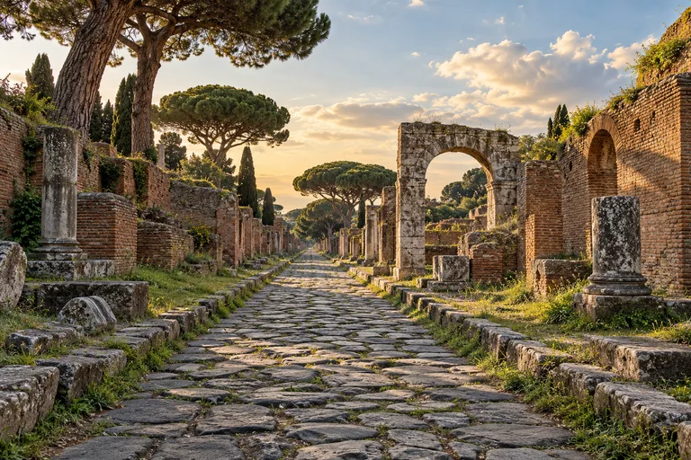 Illustration of an ancient stone-paved street between brick ruins and umbrella pines, inspired by Ostia Antica.