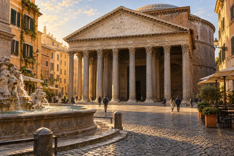 Illustration of the Pantheon’s columned portico across a cobbled piazza with a fountain and walkers.