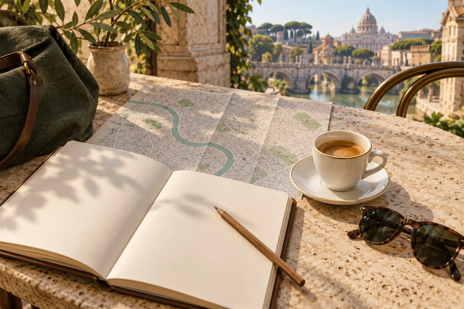 Illustration of an open notebook, decorative city map, espresso and sunglasses on a sunlit stone table.