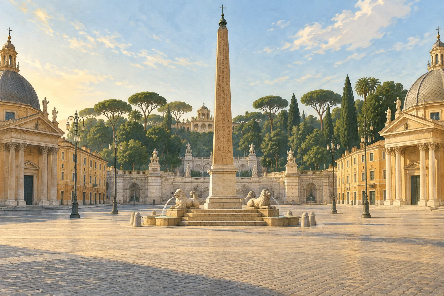 Editorial interpretation of Piazza del Popolo’s obelisk, lion fountain and tree-lined Pincio backdrop