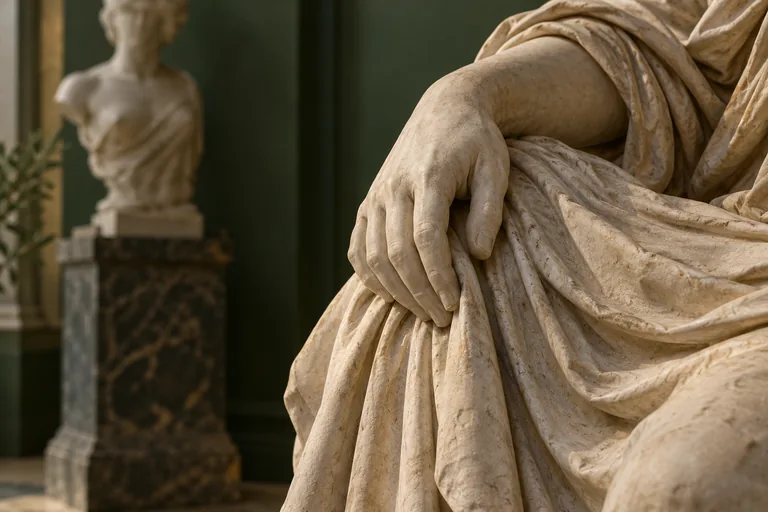 Illustration of a classical-style marble hand and carved drapery against a dark green gallery wall.