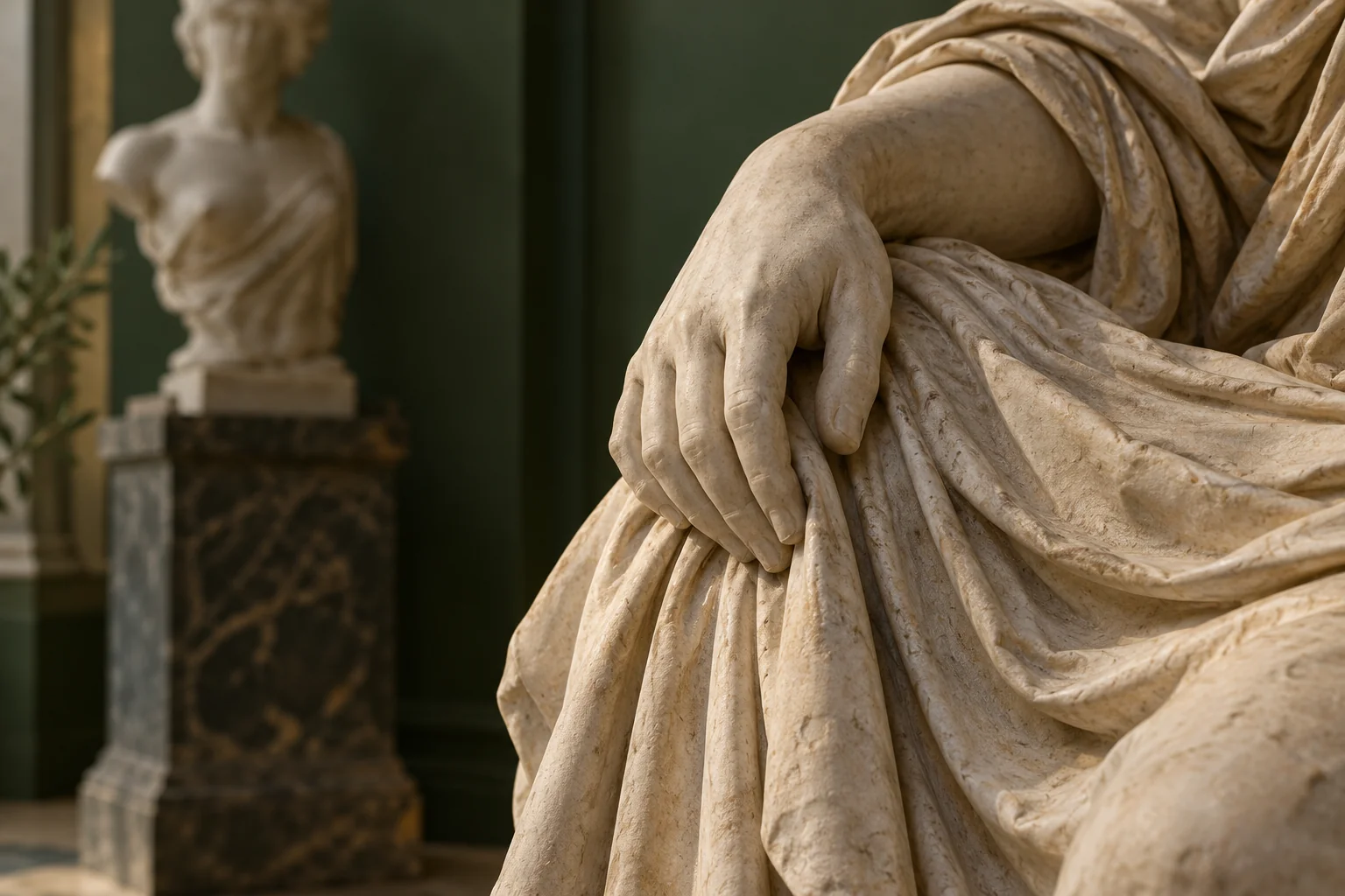 Illustration of a classical-style marble hand and carved drapery against a dark green gallery wall.