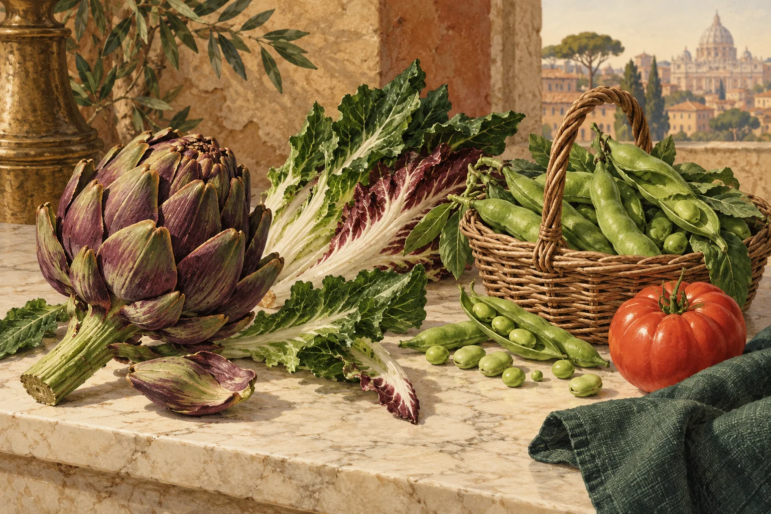 Illustrated seasonal comparison of an artichoke, chicory leaves, green pods, peas and a tomato