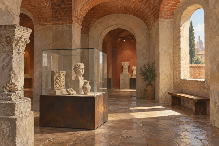 Editorial illustration of a quiet vaulted museum room with archaeological fragments, a bench and light through a stone arch
