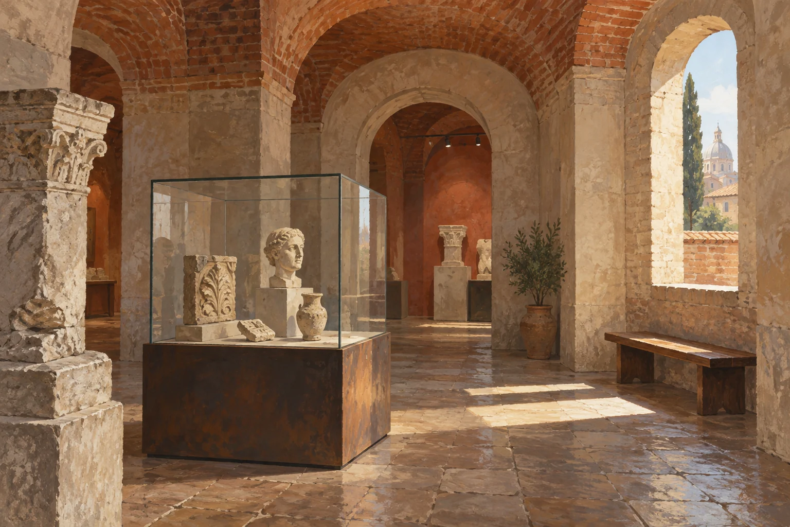 Editorial illustration of a quiet vaulted museum room with archaeological fragments, a bench and light through a stone arch