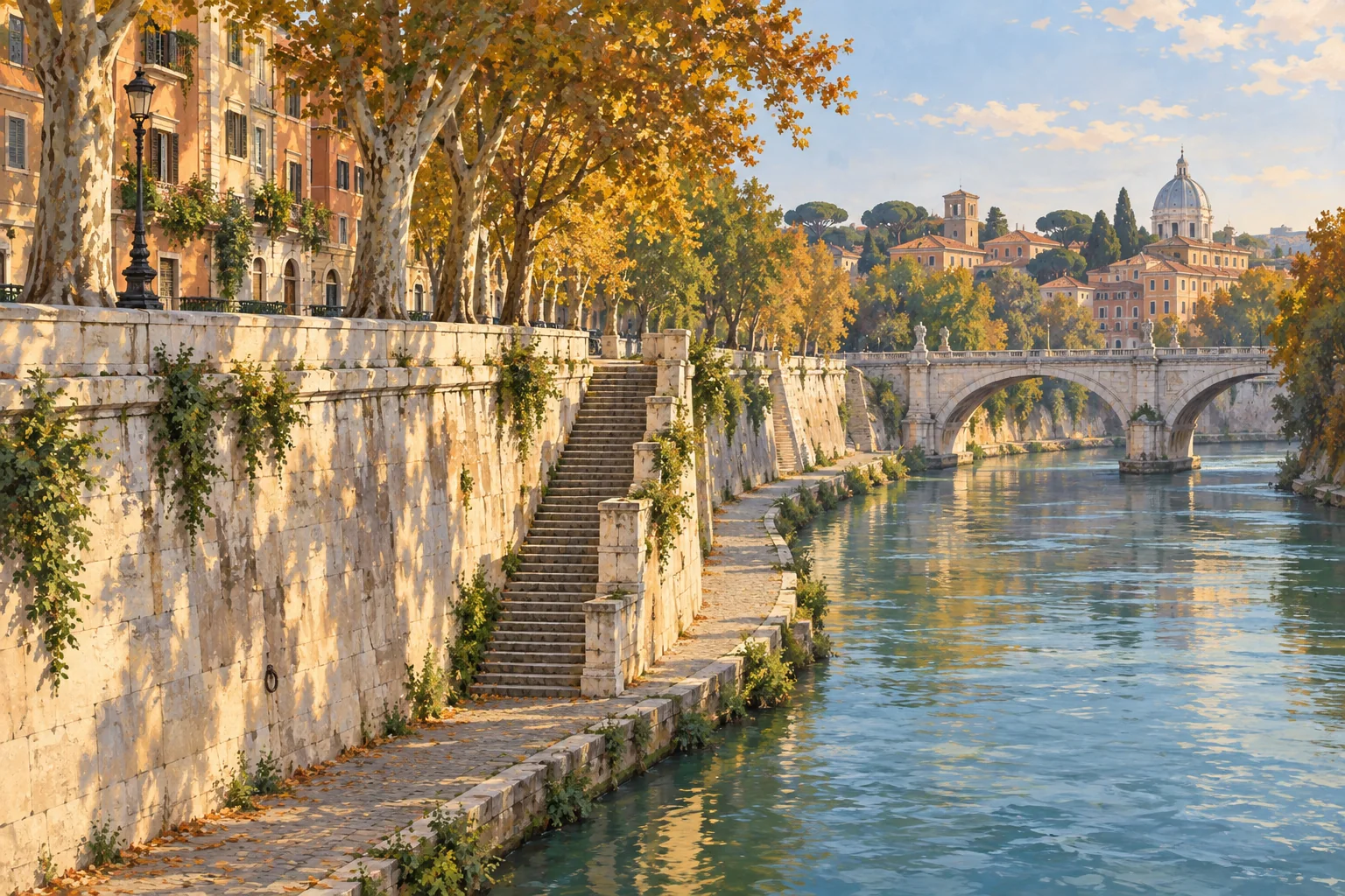 Painterly view of Rome’s Tiber with high stone embankments, plane trees, steps and a distant bridge, illustrating the separation between river and street.