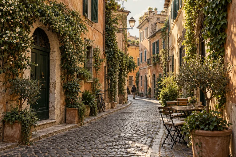 Illustration of a cobbled Trastevere-inspired lane with climbing greenery, green shutters and cafe tables.