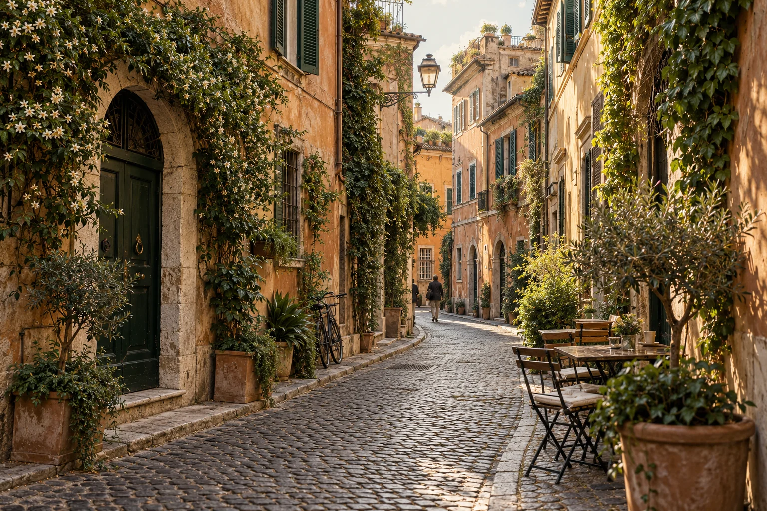 Illustration of a cobbled Trastevere-inspired lane with climbing greenery, green shutters and cafe tables.