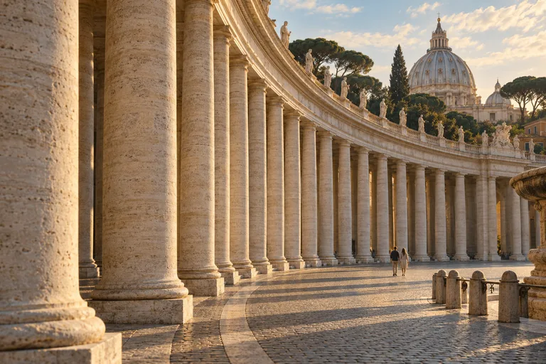 Illustration of a sunlit curving Vatican-inspired colonnade, with a basilica dome beyond.