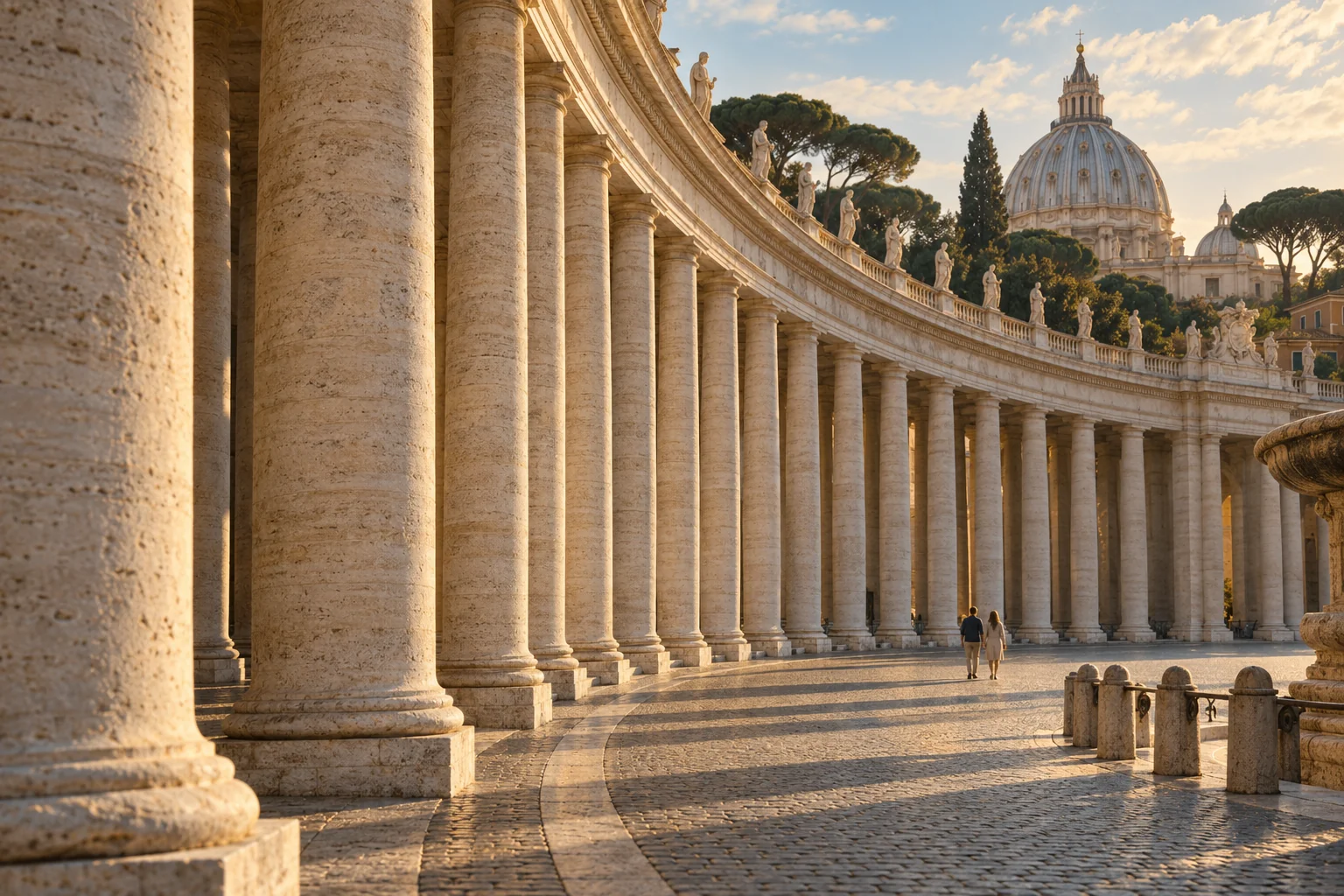 Illustration of a sunlit curving Vatican-inspired colonnade, with a basilica dome beyond.