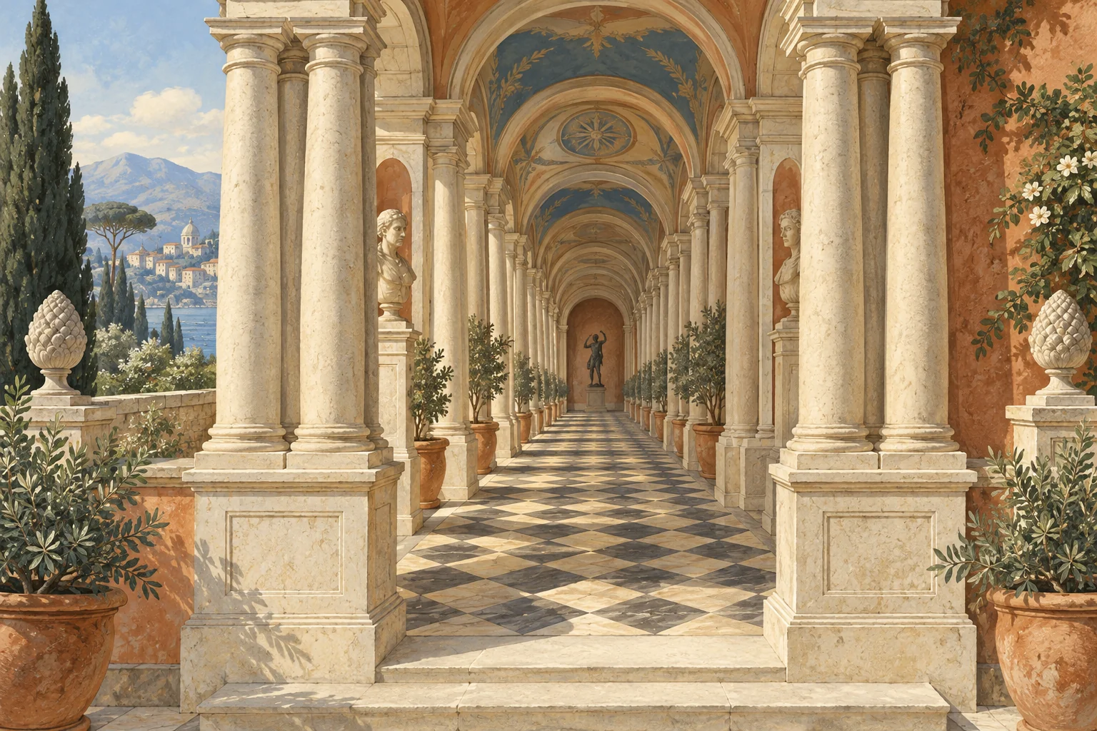 Conceptual editorial illustration of a baroque colonnade narrowing toward a small statue to explore architectural perspective.