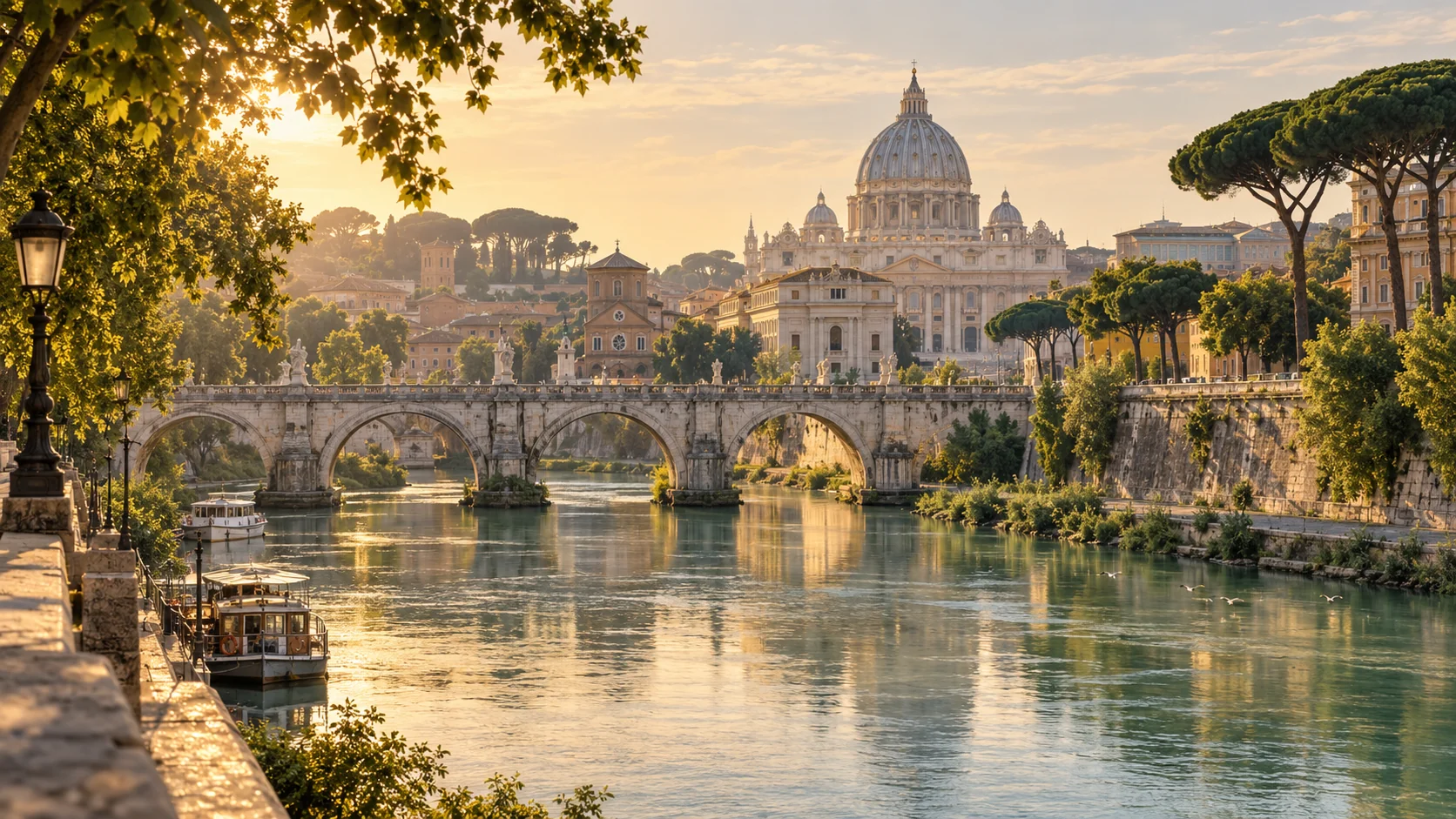 Illustration of a stone bridge across the Tiber, with a Roman dome, umbrella pines and golden reflections.