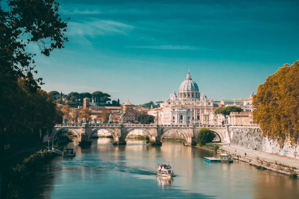 rome italy papal basilica of st peter in the vatican sightseeing boat floating near aelia